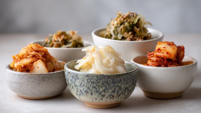 Assorted korean banchan dishes with kimchi and pickled vegetables in ceramic bowls
