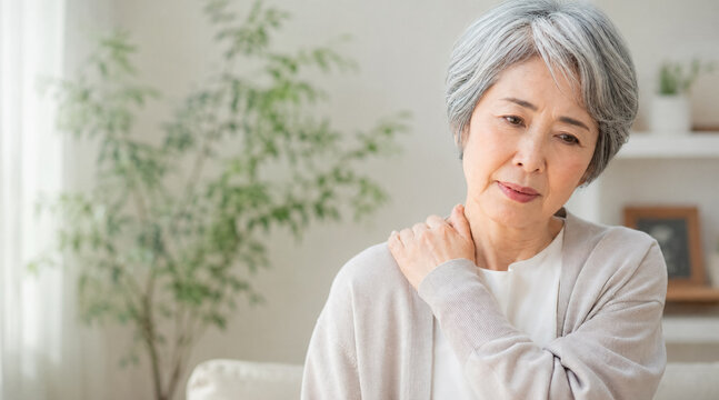 肩こりや関節痛に悩み肩を押さえるシニア女性