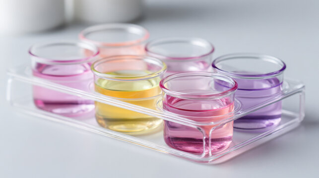 Colorful glass jars with liquid in a transparent holder