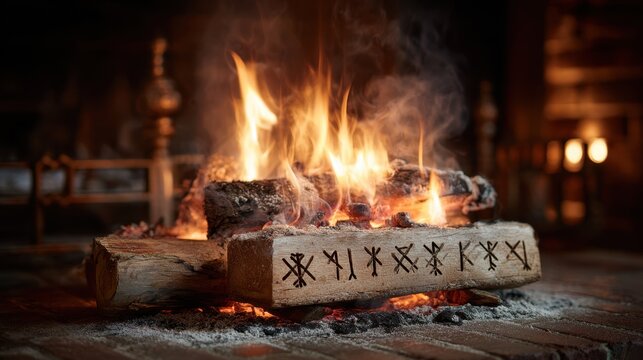 Warm fireside scene with burning logs and mystic symbols in a cozy atmosphere, Winter Solstice