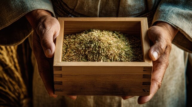 Hands holding box of rice grains - symbol of harvest and tradition, Labor Thanksgiving Day