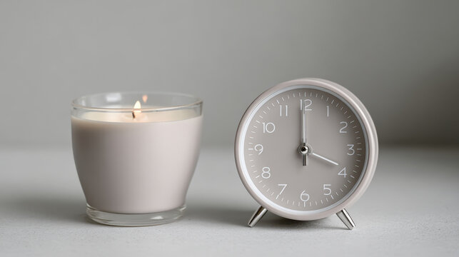 Minimalist candle and clock arrangement on neutral surface