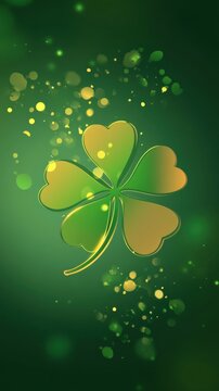 Vibrant green four-leaf clover with golden accents on emerald background