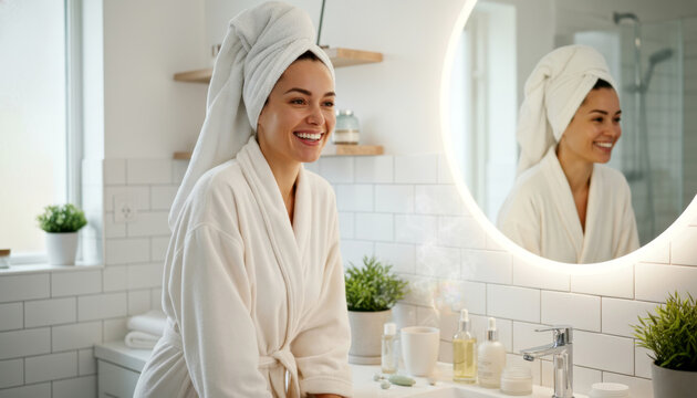 Smiling young caucasian female in cozy bathroom with skincare products