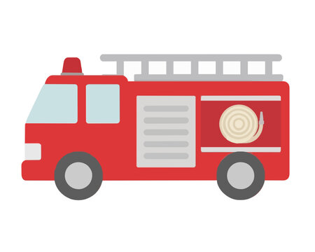 Vintage red fire engine truck vector icon illustration with hose reel, ladder, and emergency siren light, hand-traced flat design on white background for transport and rescue themes