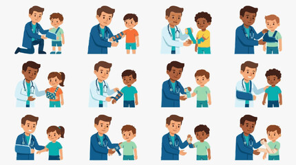 Fototapeta premium Sleek Collection of Diverse Doctors Caring for Children with Playful Medical Tools in Bright Blue and Colorful Outfits