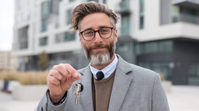Real estate agent presenting new apartment key in urban setting