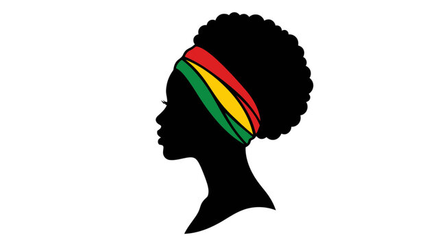 Elegant woman silhouette profile vector illustration featuring colorful headband with afro curly hair against white background