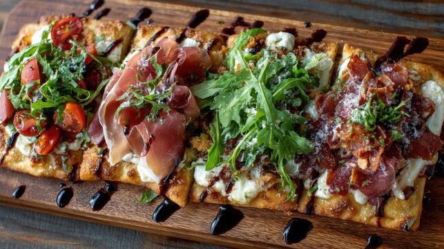Gourmet flatbread with prosciutto, arugula, cherry tomatoes, and balsamic glaze for culinary presentation