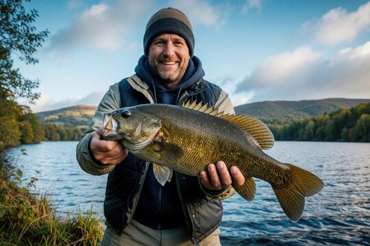 Smiling adult man holds big smallmouth bass fish with both hands. Happy fisherman shows fresh catch by lake in autumn. Male angler wears beanie, vest, enjoying outdoor sportfishing hobby in nature