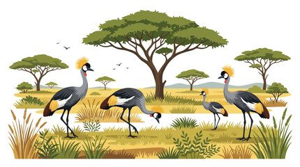 Obraz premium A group of four grey crowned cranes standing in a grassy savanna landscape.