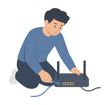 Young man kneeling on floor installing and configuring a wireless router with ethernet cables, flat design vector illustration icon, modern flat cartoon style, networking setup concept
