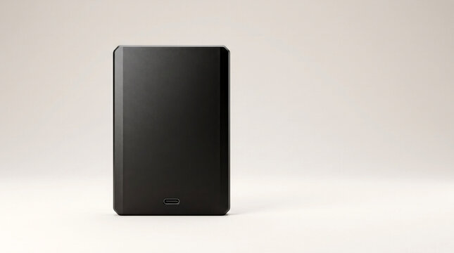 Black external hard drive stands on plain surface