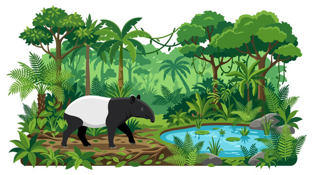 A Malayan tapir walking through a lush tropical rainforest environment.