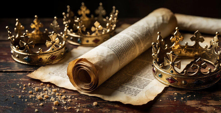 Golden royal crowns, old parchment scrolls lie on dark wooden table. Ornate king accessories with colorful gems rest near antique paper documents. Regal treasures represent history, monarchy,