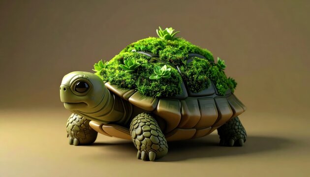 Turtle with green moss on shell.