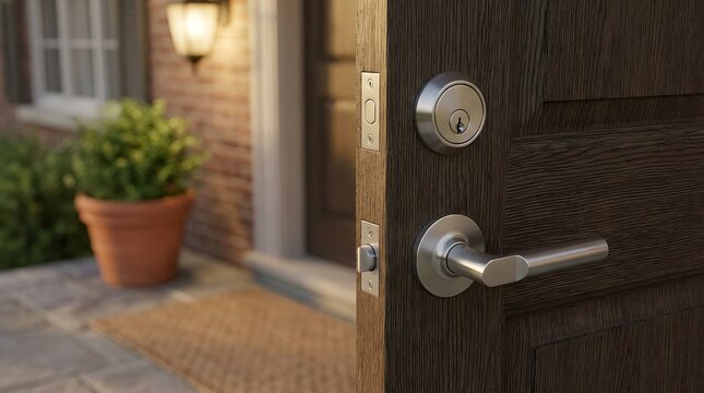 A partially open dark wooden front door with modern chrome hardware, offering a glimpse into a welcoming home entrance and emphasizing both security and invitation