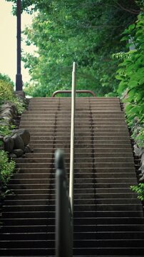 Vertical shot of long empty outdoor stone stairs surrounded by lush green trees in a summer park