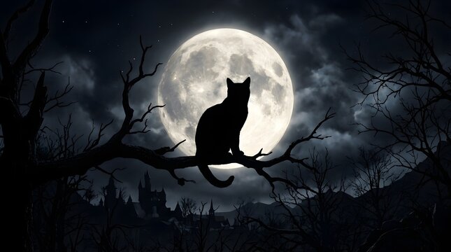 Mystical black cat resting beside a flickering candle on an old wooden table in a dim interior