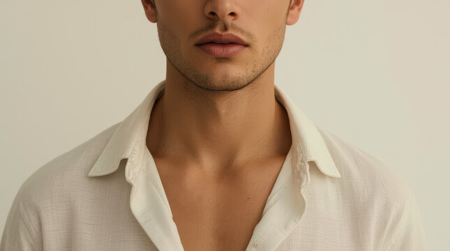 Confident man jawline neck chest wearing white shirt in studio portrait