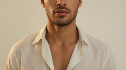 Fototapeta premium Confident man jawline neck upper chest white shirt portrait