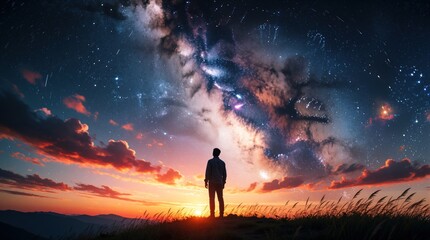 Fototapeta premium Man stands on hill looking at stars and milky way galaxy. Colorful clouds and sunset glow below vast night sky expanse. He feels deep cosmic connection, inspiration, and hope.
