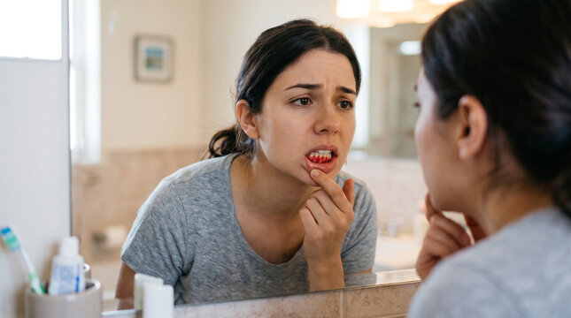 Woman checking bleeding gums in mirror. Patient examining oral health and tooth pain.