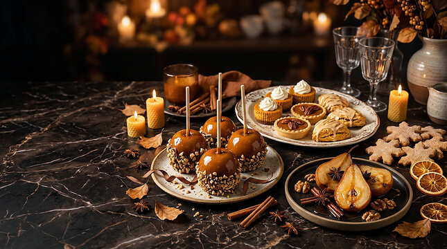 Autumn-themed dessert table with candles and seasonal treats for celebration
