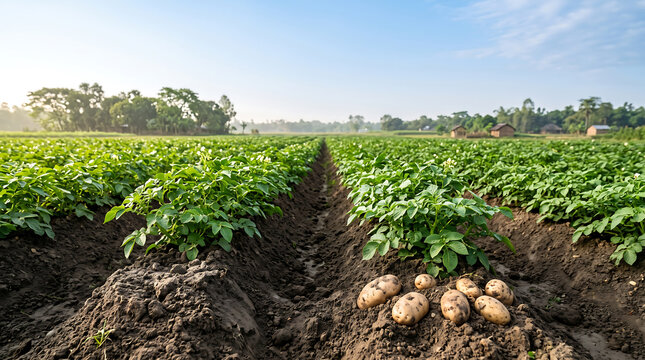 Freshly harvested potatoes lying on dark soil in a green potato field, rows of leafy plants stretching towards the horizon under a clear sky