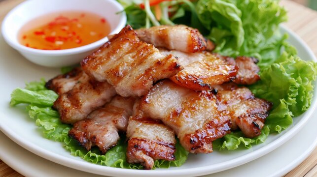Grilled pork belly slices with lettuce and dipping sauce