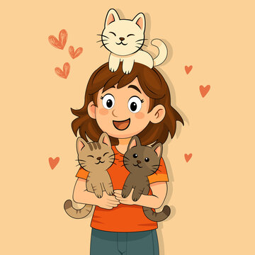 illustration of a little girl who loves kittens