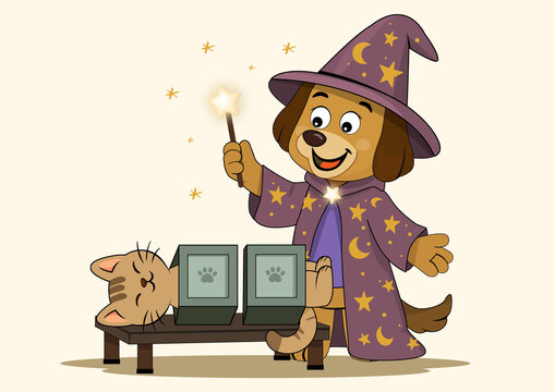 illustration of a little dog doing a magic show