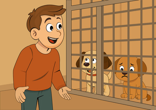 illustration of a man going to the kennel to get a dog