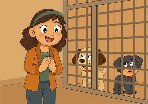 illustration of a girl going to the kennel to get a dog