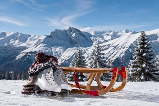 Classic wooden toboggan and white figure skates with winter knit hat