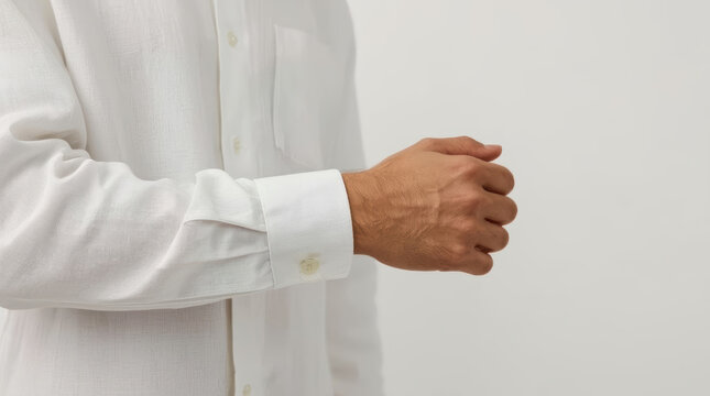 Man adjusting white shirt cuff with careful hand gesture