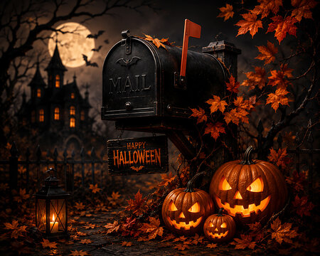 Scary Halloween Mailbox With Jack O Lanterns And Haunted House Under Full Moon Ideal for Spooky Flyers and Halloween Party Backgrounds.
