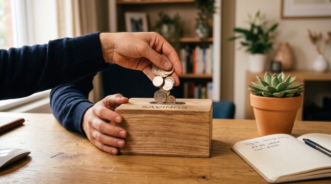 Person putting coins into wooden savings box at home, representing personal finance management, budgeting, saving money for future goals and investment planning.