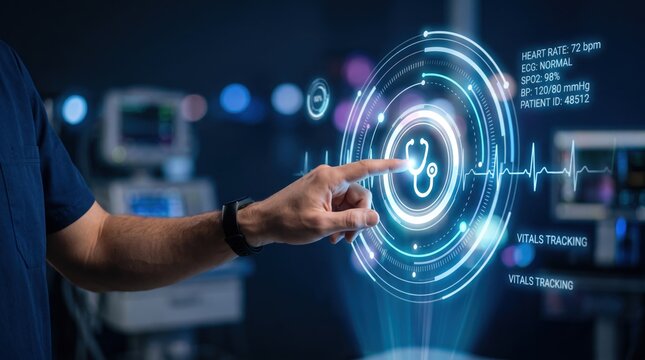 Doctor touching futuristic holographic interface with patient vitals, digital healthcare technology, medical data screen in hospital, advanced diagnostics and telemedicine