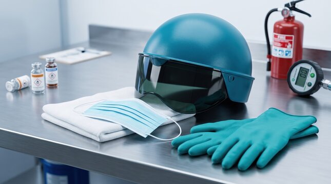 Safety helmet with visor, face mask and gloves on stainless steel table, industrial protection equipment, chemical vials and fire extinguisher, laboratory safety standards