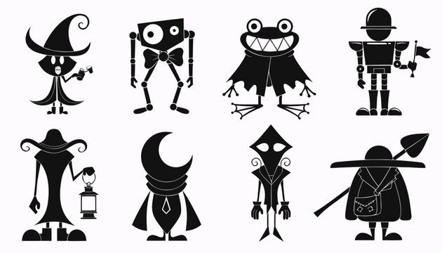 Whimsical monster silhouettes, 8 quirky creature character icons, black vector fantasy sprites for game design and stickers