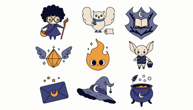 Magic wizard school vector icons, mystical fantasy character set with owl and cauldron, 9 whimsical sorcery elements for stickers