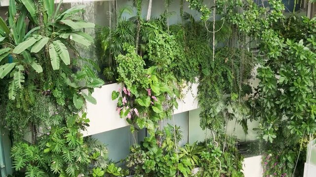 Vertical garden facade of modern Bangkok city shopping mall building covered with cascading tropical plants, flowers and waterfall that flows between balconies in green urban environment