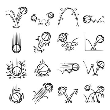 Bounced ball motion doodle set with comic manga trajectory and hand drawn vector effects