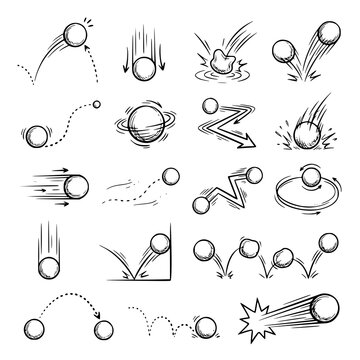 Comic ball bounce motion effects vector set with manga speed lines and trajectory doodles