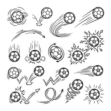 Dynamic hand drawn soccer ball doodle collection with motion and action vector icons