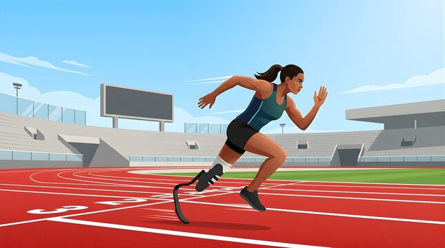 Disabled female athlete with prosthetic blade running on track stadium