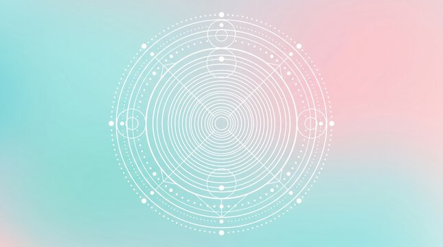 Abstract sacred geometry mandala pattern with concentric circles and dots, mystical spiritual symbol on soft pastel gradient, esoteric design element for yoga meditation wellness