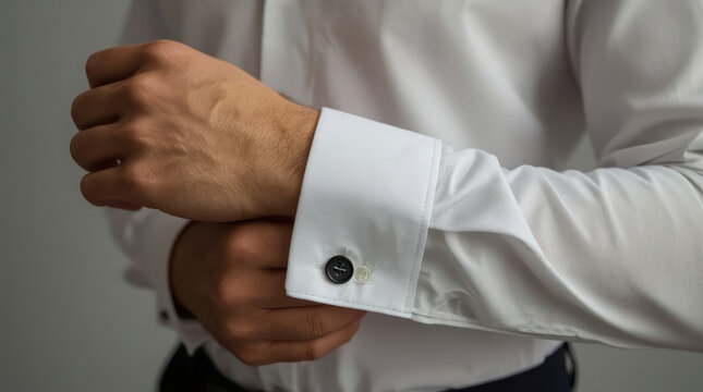 Man hand fastening white shirt cuff with silver button, close up