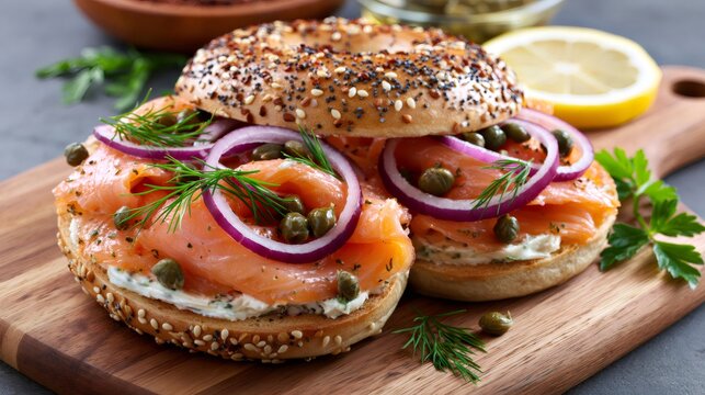 Smoked salmon bagel sandwich with cream cheese and capers